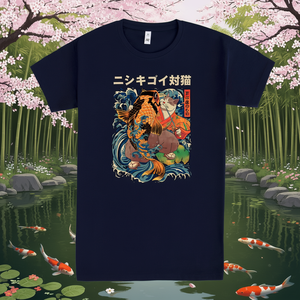 Camiseta Cat And Koi, diseño de arte japonés azul marino, ajuste unisex - Product Image 3