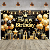 Bannière Murale Décorative Personnalisée Anniversaire 180x110cm Noir et Or, Grande Affiche avec Ballon Étoile Panneau Photo Fond de Scène pour Fournitures de Décoration d'Anniversaire