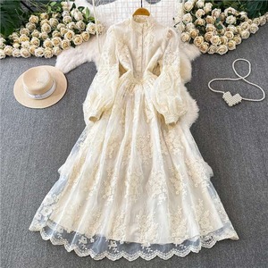 <b>Romantic</b> A-Line Embroidered Chiffon Empire Maxi <b>Dress</b> Lace Hollow Lantern Sleeve Scalloped Neck Vintage Floral Casual - Product Image 1