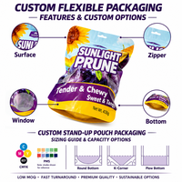 Sachet Doypack OPP VMCPP avec fermeture éclair, trou de suspension papillon, imprimé prune violette, pour l'emballage de fruits secs, pruneaux et snacks en détail