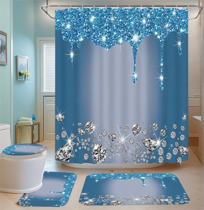 Bộ rèm tắm phòng tắm hiện đại sang trọng 4 món nhiều màu sắc lấp lánh với 12 móc, chất liệu polyester đính kim tuyến, bao gồm thảm - Product Image 1