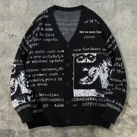 Pull cardigan à lettres imprimées de style américain pour hommes, mode de rue décontractée, col en V, manches régulières, veste en tricot 100% polyester