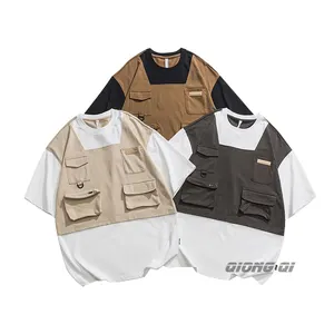Workwear Men's T-shirt 2024 Summer Color Blocking Multi-pockets Loose Cotton Short-sleeved Man