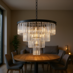 โคมไฟระย้าคริสตัล 4 ชั้น ดีไซน์ทันสมัย สีดำ โครงเหล็ก ขนาด 24 นิ้ว ทรงกลม เหมาะสำหรับห้องรับประทานอาหาร ห้องนั่งเล่น ห้องนอน ใช้หลอดไฟ LED E14 (ไม่รวมหลอดไฟ) - Product Image 2