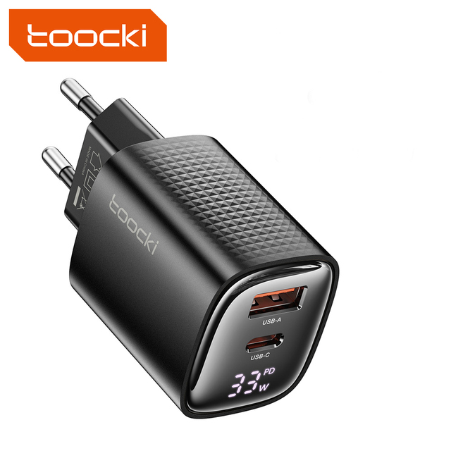 Toocki Gan Led Display Multi-Port White Black Dual Ports USB Phone Charger 33W Wall Charger US EU Plug Mobile Phone Charger