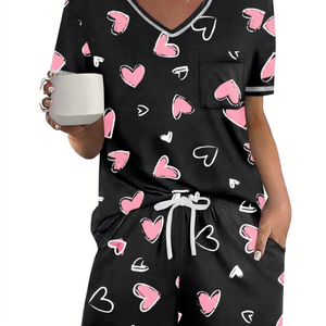 Women's <b>Black</b> Pink Heart Print Short Sleeve V-Neck <b>Pajama</b> <b>Set</b> With Drawstring Shorts Casual Sleepwear Jersey Fabric Summer Wear - Product Image 1