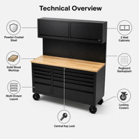 Banc de travail en acier inoxydable de 55 pouces, armoire à outils avec 10 tiroirs, serrure à code, garantie de 3 ans, atelier de garage, support OEM