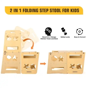 Tabouret de cuisine pliable en bois pour tout-petits, tour d'apprentissage pour enfants avec tableau noir et barrière de sécurité - Product Image 4