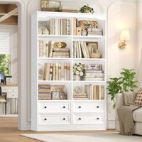 Étagère à livres moderne en bois durable et écologique, double largeur, 6 niveaux, 71 pouces de hauteur, avec 4 tiroirs, blanche, pour le bureau et le rangement à domicile