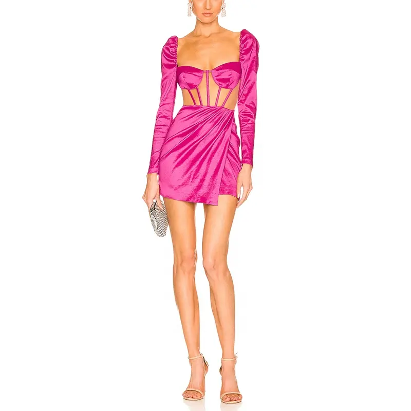 Summer Dress Fashion Satin Pink Corset Mesh Bodice Wrap Long Sleeve Mini Casual Dress Women