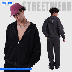 Sudadera con capucha de doble cremallera estilo vintage para hombre, con bajo sin rematar, patchwork, estilo lavado, forrada y oversize para invierno - Product Image 2