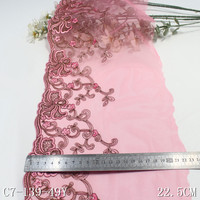 Dentelle brodée de 19 cm avec fil doré et fleurs roses pailletées, tissu en maille nude pour hijab musulman, foulard et robe