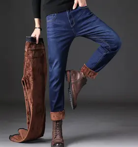 Sonbahar kış sıcak erkekler için kot pantolon düz artı kadife kalın Denim pantolon sıkı rahat uzun pantolon