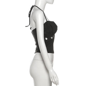 Conjunto de Verano para Mujer Viviblook Z0112ST02, Color Sólido, Estilo Punk, Top sin Tirantes con Anillo Metálico y Pantalones Cortos, Conjunto de Dos Piezas - Product Image 3