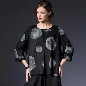 Custom 3/4 Sleeve Loose Printing Casual Top Clothes Cotton Women's Blouse