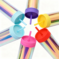 Gobelet de voyage à café jetable OEM ODM Laser Dazzle à double paroi en PS de qualité alimentaire 500 ml avec étiquette moulée, couvercle coloré et paille
