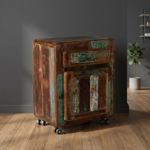 Table de chevet rustique en bois de récupération, écologique et durable, avec tiroir et roulettes, style antique fait main, meuble de chambre à coucher - Product Image 2