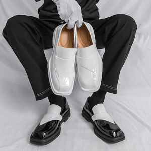 2026 Summer Men's Black & White Color <b>Block</b> Shoes Square Toe Slip-On Shoes with Chunky Heel Trendy All-Match Leather Shoes - Product Image 1