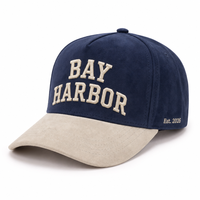 Cappellino da Baseball in Camoscio Bicolore Personalizzato con Logo Ricamato 3D a Rilievo, Visiera Curva, Blu Navy e Beige, per Campeggio - Vendita all'Ingrosso