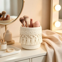 Panier de rangement rond tressé à pompons, best-seller, organisateur de bureau pour cosmétiques et pinceaux de maquillage