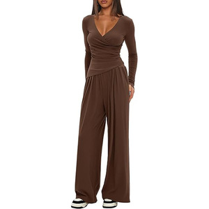 Conjunto de 2 Piezas para Mujer, Color Sólido, Spandex/Poliéster, Cuello en V, Pantalón de Pierna Ancha, Manga Larga, Estilo Casual Urbano, Otoño, Seda - Product Image 2
