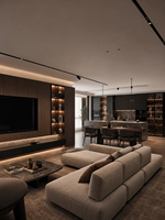 XINGRUO Unit TV Modern dengan Lemari Pajangan Kaca, Konsol Penyimpanan Ruang Tamu dengan Finishing Kayu Gelap dan Lampu LED