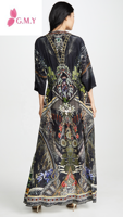 GIMILY oem robes personnalisées femmes dame élégante Ladies Print Front Crystal Embellishment dress Kimona Sleeves V Neck Maxi Dress