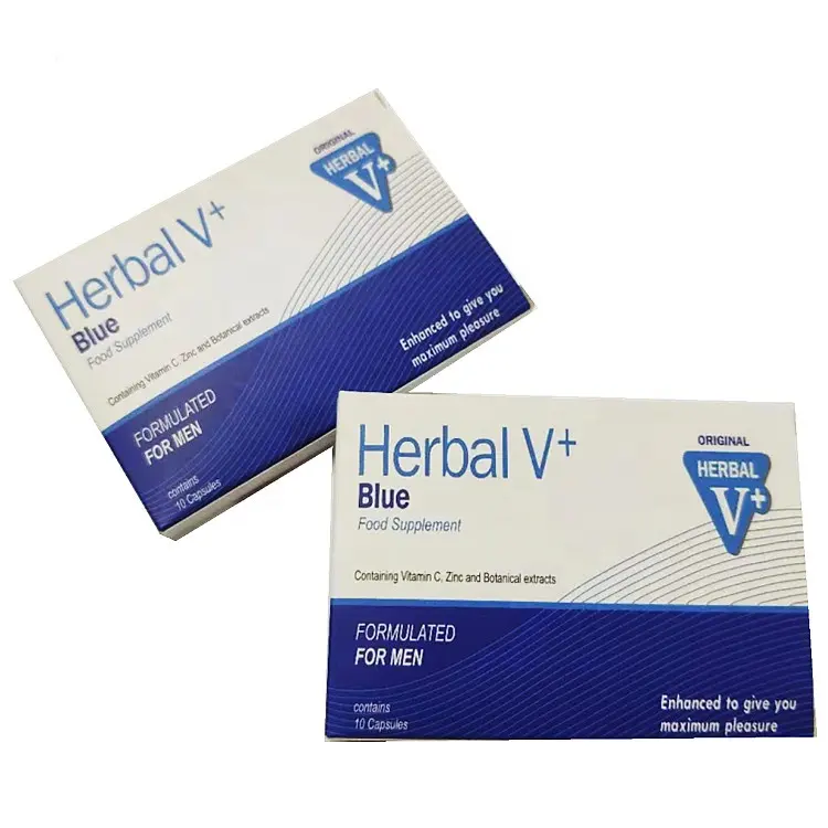 Caja Oral con impresión en color azul Herbal V + Suplemento alimenticio 10 cápsulas Cajas de papel de embalaje de impresión personalizada