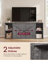Meuble TV gris style farmhouse de 58 pouces avec portes coulissantes, 2 étagères réglables et 6 trous pour câbles, console multimédia pour téléviseurs jusqu'à 65 pouces