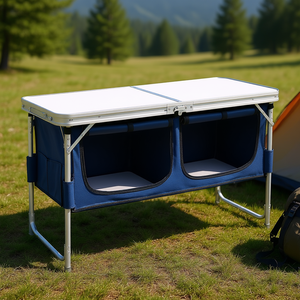 Table pliante d'extérieur Db, plateau en MDF blanc, structure en aluminium, tissu bleu, armoire de rangement, application cuisine, métal fer, réglable - Product Image 2