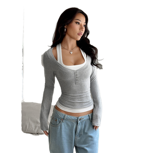 T-shirt à manches longues pour femme, style Y2K Hot Girl, col en V, coupe ajustée, sans repassage, transfrontalier Europe-Amérique - Product Image 1