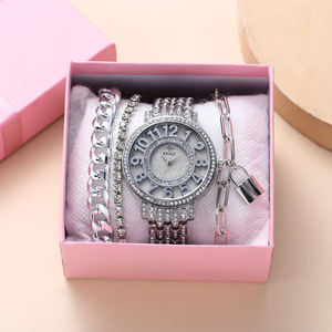 Mode Hip Hop glacé Bracelet à maillons cubain grand cadran montre-Bracelet en acier montre à Quartz et Bracelet ensemble cadeau pour femmes - Product Image 4