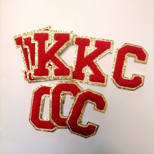 Lettere in ciniglia rosse da 3,1 pollici con glitter oro, lettere inglesi termoadesive, patch termoadesive per varsity, monogramma fai da te - Product Image 2