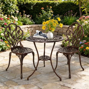 Set Bistrot Tulip in Alluminio Pressofuso <span class=keywords><strong>da</strong></span> Esterno, 3 Pezzi, Tavolo e <span class=keywords><strong>Sedie</strong></span> per <span class=keywords><strong>Giardino</strong></span>, Design Tradizionale Bronzo - Product Image 2