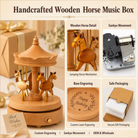 Handgemaakte houten draaiende paardenmuziekdoos met 18 noten, Sankyo-mechaniek, aangepaste logo-gravure, kinderkamerdecoratie, speelgoed, 18 seconden geluidsduur
