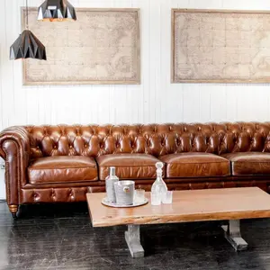 Antique Distressed Tan Leather Chesterfield Sofa 4 Seat Leather Sofas For Home Luxury Chesterfield Sofas Genuine Leather