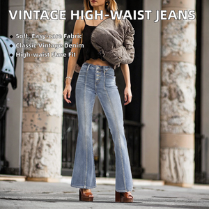 Jeans de Mujer de Cintura Alta, Corte Acampanado, Estilo Vintage, Lavado a la Piedra, Largos, Casuales, con Botones al Frente, Corte Regular, para Primavera - Product Image 2