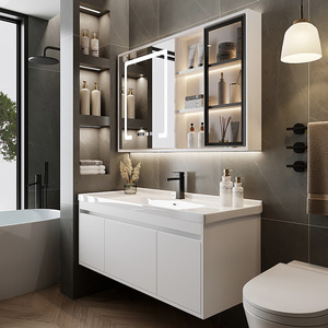 White simple ceramic integrated basin bathroom cabinet combination wash basin smart <b>mirror</b> cabinet - Product Image 3