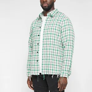Men fashion Distressed Hem Heavyweight Tweed Plaid Shirt Men Custom Green Designer Checked Shirts For Men