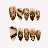 Faux ongles en acrylique à presser, motif étoile, imprimé léopard écaille de tortue, feuille d'or, forme amande, longueur moyenne, pour les doigts, style rétro, fête, usage quotidien