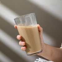 Cangkir Tumbler kaca bergaris klasik, dengan sedotan dan tutup sederhana garis cangkir kopi cangkir es teh 350ml