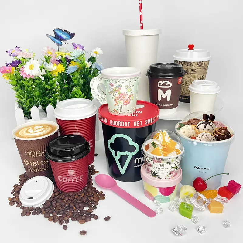 Cardboard papercup disposable paper carton cups takeaway ice cream coffee 6oz double wall to go cup with lid