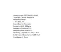 Résonateur céramique ZTTCR SMD 4,00 à 8,00 MHz 2,0 x 1,6 mm Plus ou moins 0,5 % pour horloge MCU