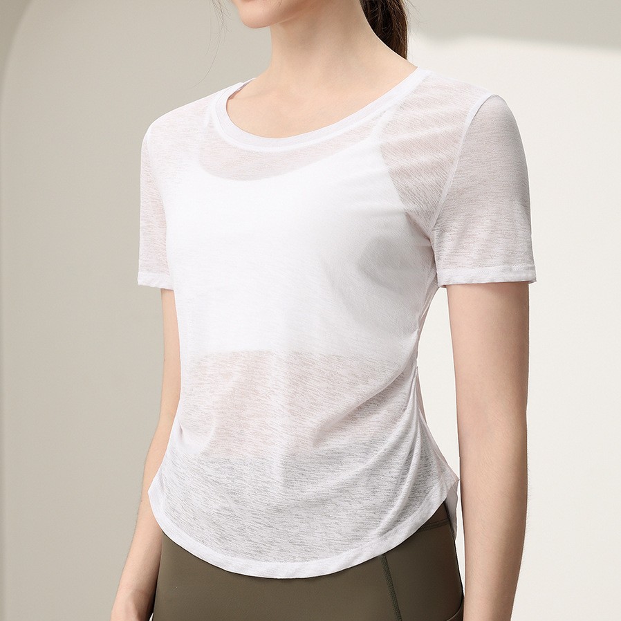 Thin Breathable Solid Sublimation Printed Short-Sleeve 100% Polyester Women's Small Fly Waist Sports T-Shirt Slimming Yoga Top