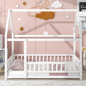 Full-size <strong>Floor</strong> <strong>Bed</strong> Enclosure Roof Montessori Wooden Playhouse-Style <strong>Bed</strong> <strong>Frame</strong> for Girls Boys Teenagers No Spring Mattress - Product Image 2