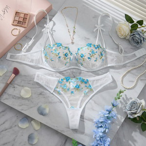 Wholesale Rose Embroidery Lingerie <b>Set</b> <b>Sexy</b> Sheer Mesh Underwire Bra and Thong Panties <b>Set</b> 2 Piece Bow Lace Womens Intimates - Product Image 4