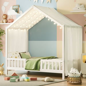 White House Shaped Montessori Floor <strong>Bed</strong>, Twin Kids <strong>Bed</strong> Frame with Canopy &amp; High Railings - Product Image 1