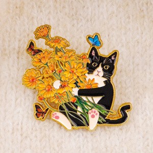 En gros, Pin's en émail Cottagecore avec motif chat mignon noir et blanc et fleurs jaunes, pour les amoureux <span class=keywords><strong>des</strong></span> animaux de compagnie - Product Image 5