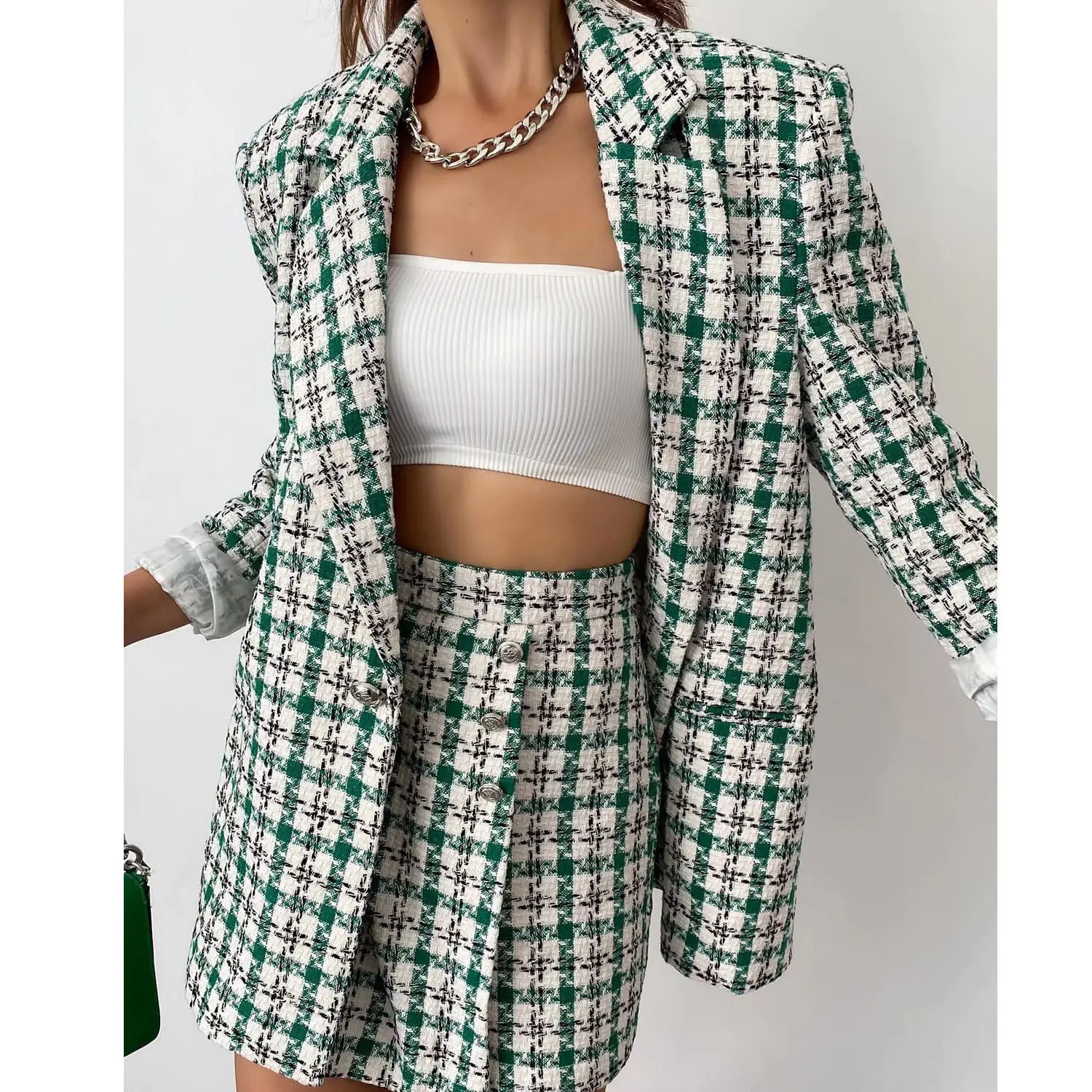 Women Office Wear Stylish Loose Double-breasted Pockets Plaid Pattern Tweed Casual Blazer Suit