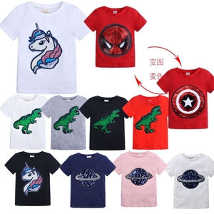 Enfants été nouveau 2024 Sequin Flip couleur changement visage dessin animé coton T-<span class=keywords><strong>shirt</strong></span> pour garçons et filles mode ventilateur Base chemise - Product Image 1